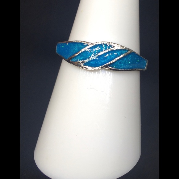 Sterling Silver Wedding Band Australian Fire Blue Opal Ring - Picture 5 of 5